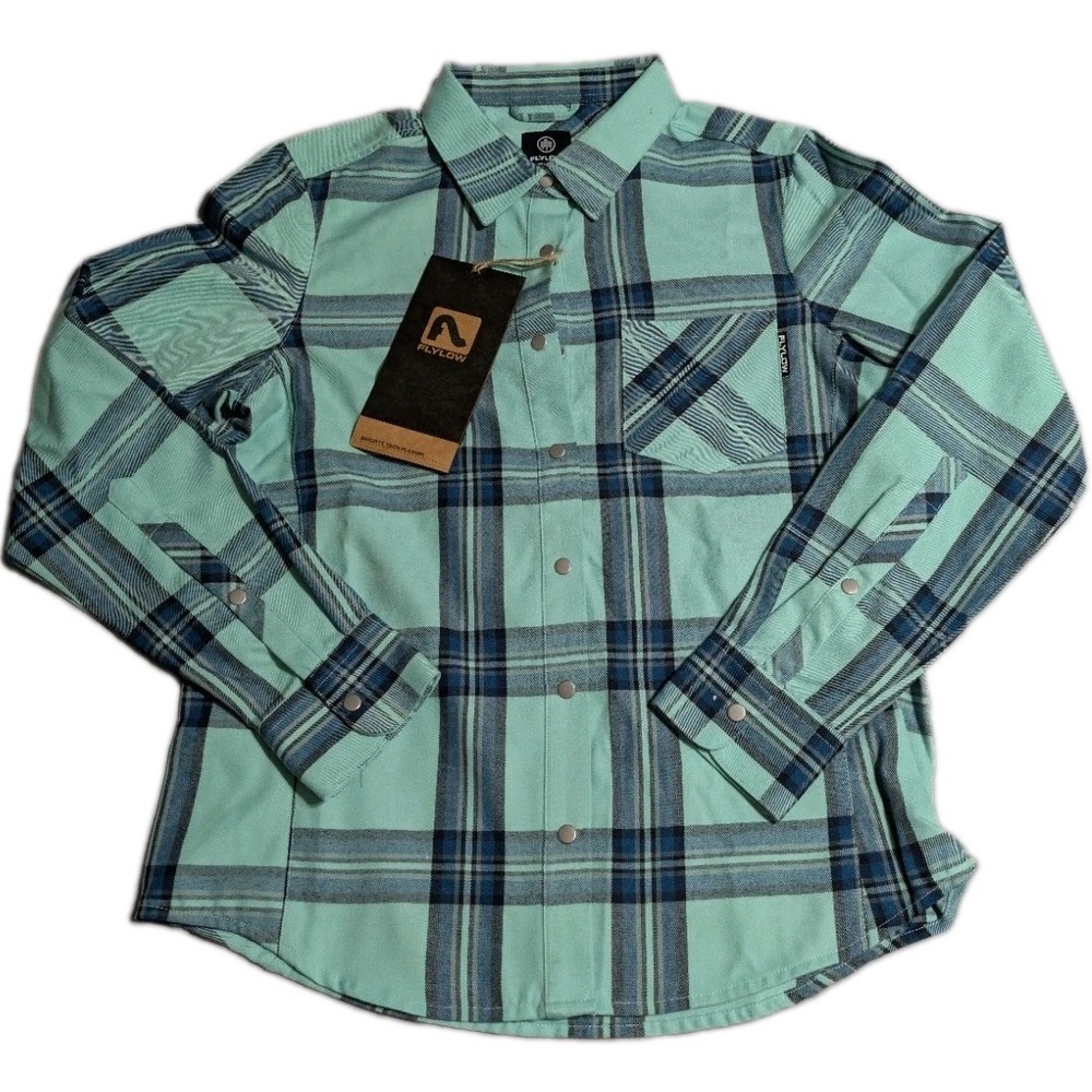 Flylow Brigitte Tech Flannel Womens M Mint Night Plaid Insulated Snap Shirt NWT